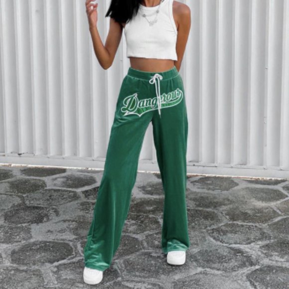 Pants - Stay Dangerous - Green Wide Leg Velour Sweats